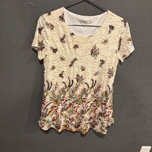 Cream Ruched Short Sleeve Blouse with Brown Accents